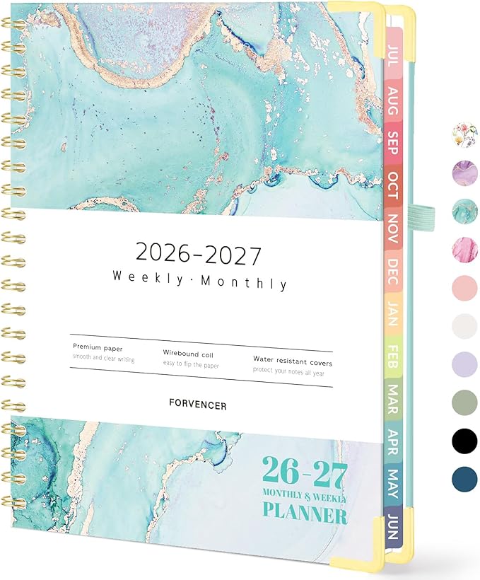 Forvencer Academic Planner 2026-2027, Hardcover Calendar Planner Weekly & Monthly, July 2026 - June 2027, 8.5" x 11", Daily Agenda with Tabs, College School Organizer for Student Teacher, Teal Marble