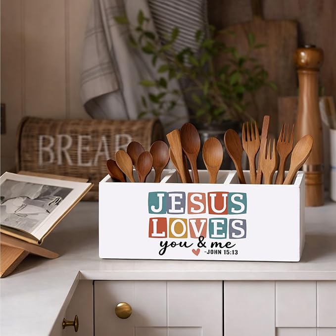 Jesus Loves You & Me Wooden Desk Organizer | Christian Faith Pen Pencil Holder, 3-Compartment Decorative Office Supply Storage Box for Desk, Home Office