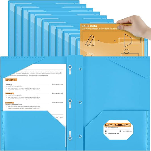 Henoyso 36 Pcs Plastic Folder with Clear Front Pocket and 3 Prong Plastic Folders with Card Slot Pocket Folders with Prongs for School Office (Lake Blue)
