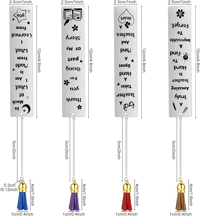 Zonon 4 Pcs Metal Bookmarks End of Year Teacher Gifts Graduation Book Page Marker with Pendants Thank You Gifts for Teacher Appreciation Women Instructor Birthday Reading Lovers Office(Vibrant Style)