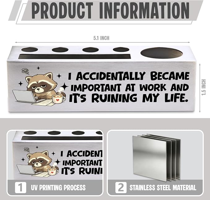 FOKCBOCM Funny Office Pen Holder with Sarcastic Quote, Stainless Steel Desk Organizer Gift for Coworker, Manager, Employee Humor Workspace Decor, Work Stress Joke Accessory-DS111