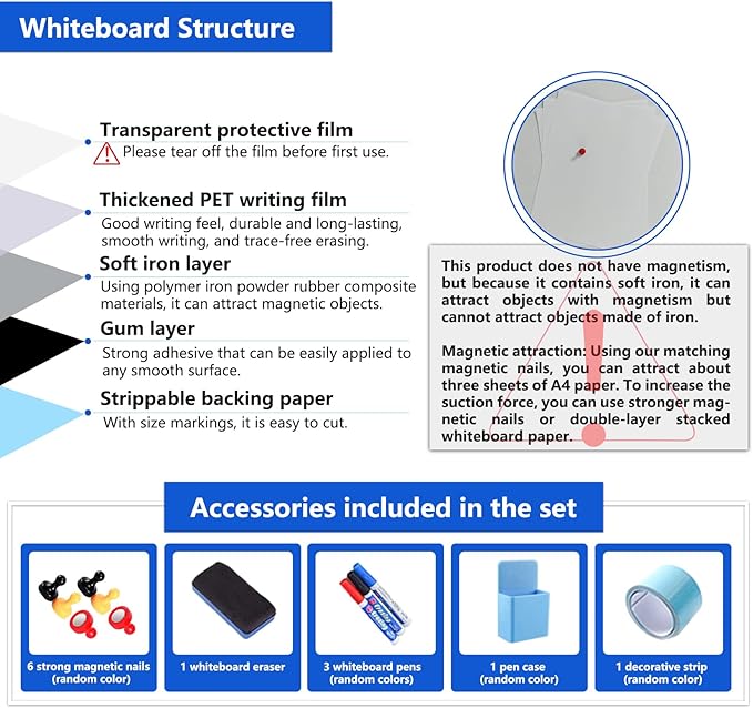 Self-Adhesive Dry Erase Whiteboard Sticker, 94.48" x 47.24" Magnetic Receptive White Board Wall Film, No Ghosting, Easy Write & Clean | Peel & Stick for Office, Home & Classroom,Incl. Accessories