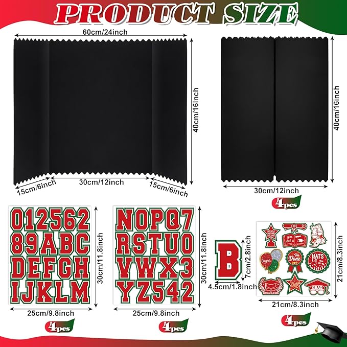 AmazingSpark 4 Sets Graduation Photo Display Board Trifold Poster Board with 12 Graduation Themed Stickers for 2026 Grad Party Decoration Picture Collage Frame Supplies (24 x 16,Red Green)