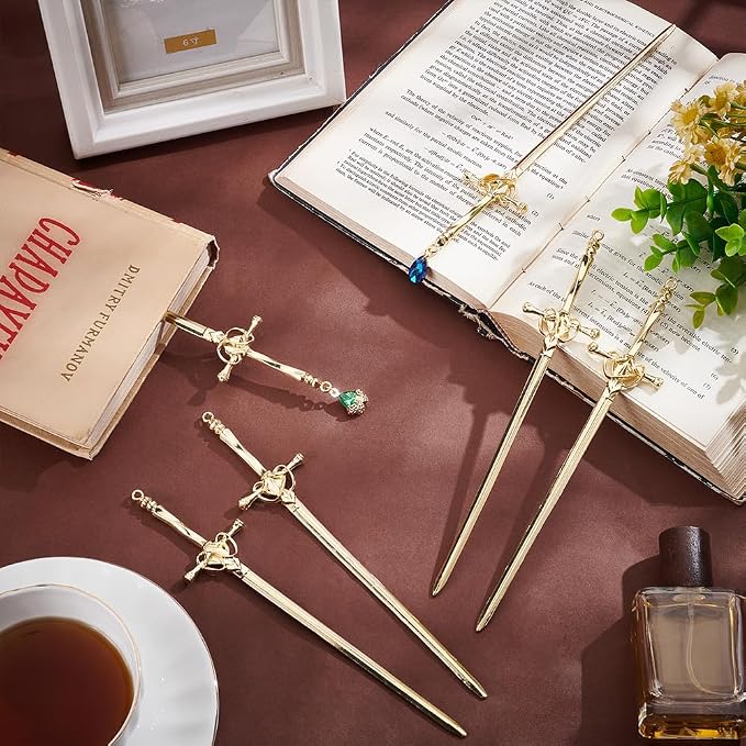 UNICRAFTALE 6Pcs Sword Bookmarks Sword Hair Pin Vintage Golden Metal Pendant Bookmarks Hair Pins Sticks Ancient Large Sword Bookmark Charms for Book Lovers Presents Reading Crafting Gifts