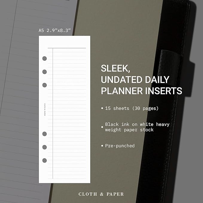 Cloth & Paper Half Page Task Inserts – A5 6-Ring Planner Refills – 30 Pages (15 Double-Sided) – Minimal To-Do List, Daily Planner, Grocery List, Chores, Goals, Notes & Priorities Organizer