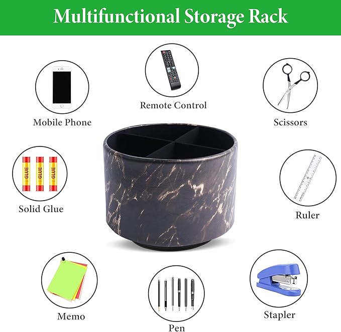 Round Leather Art Supply Organizer,Remote Control Holder,360-degree Rotating Pen Organizer with 4 Compartments(1-Marble Black Gold)