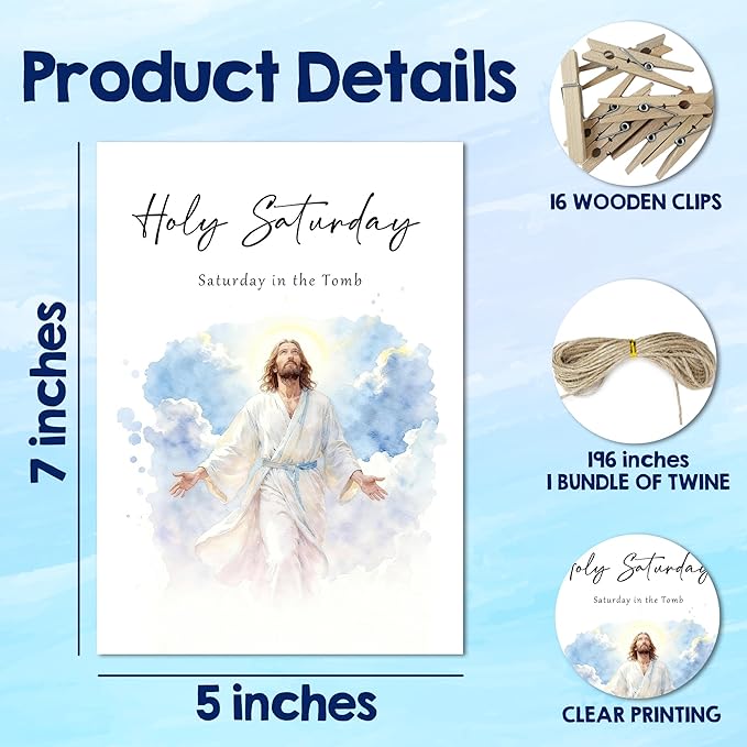 Holy Week Story Cards & Easter Story Cards - Holy Week Decoration - Religious Supplies & Easter Activities for Kids Teens Adults - Sunday School Learning Card(16 Holders 26 Feet Hemp Rope) - A02