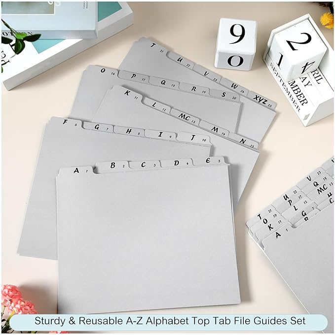 2 Set 50 Pcs Alphabet File Dividers A-z Top Tab Guides Set, Letter Size Filing Organizers 1/5 Cut Alphabetical File Folder Tabs for Home, Office, School(Gray Colors)