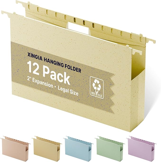XINGIA Wheat Straw Plastic Hanging File Folders Legal Size,Extra Capacity 2 Inch Expansion File Cabinet Folders for File Frame Box,12 Pack Heavy Duty File Organizer for Bulky Files(Morandi Beige)