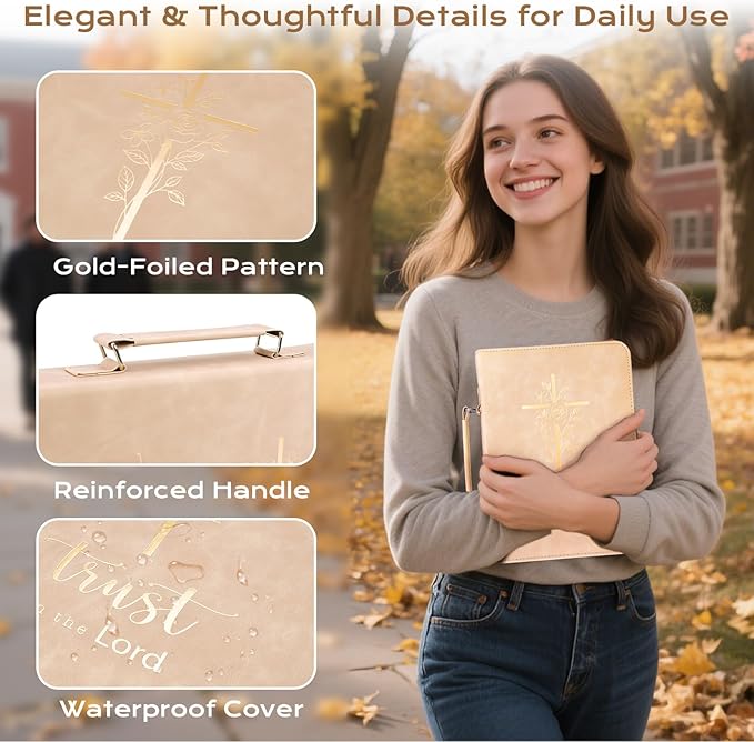 XKDOUS Bible Cover Case for Women, Leather Bible Bags with Study Supplies Journaling Kit, Gold Foiled Carrying Case Large Church Book Holder with Handle, Christian Gifts for Lady