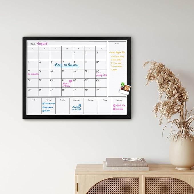 3-in-1 Dry Erase Calendar for Wall, 31.5x23.6 inches Magnetic Surface Monthly & Weekly Planner Whiteboard, Dry Erase Board with Black Wood Frame, Hanging White Board Calendar(YL+ZL-BK,6080)