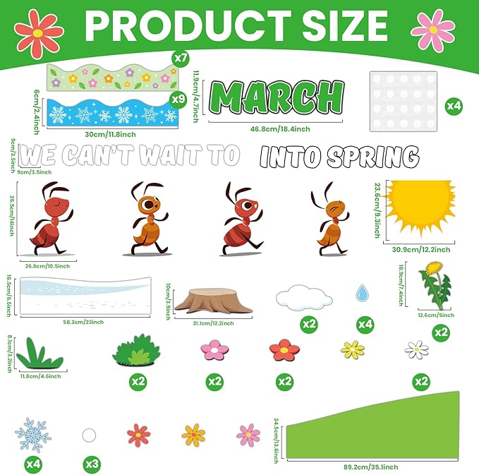 Spring Ant Bulletin Board Set March into Spring Classroom Decoration Colorful Flowers Ant Bulletin Board Springs Ants Paper Cutouts for Back to School Classroom Chalkboard Wall Decor