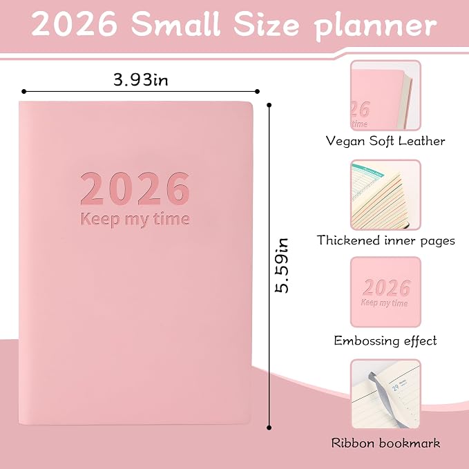 2026 Small Academic Planner 5.5" x 3.9" Hardcover Weekly and Monthly Calendar Planner Soft Leather Bound Cute Planner Goal Habit Tracker Organizer Planning Book with Tabs ,Daily Schedule School Office Schedule for Women Men (pink)