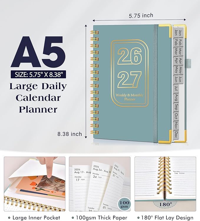 Planner 2026-2027, 18 Months Weekly and Monthly Hardcover Planner, January 2026 - June 2027, 5.75" x 8.38" A5 Daily Calendar Planner Book with Tabs, Spiral Yearly Agenda Organizer Notebook for School Work Home, Blue