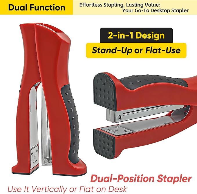 Stand-Up Stapler with 1000 Standard 1/4" Staples, Handheld Ergonomic Soft Grip 2-in-1 Vertical & Flat-Use Desktop Full Strip Stapler for Office, Home, School, Business & Classroom Supplies – Red
