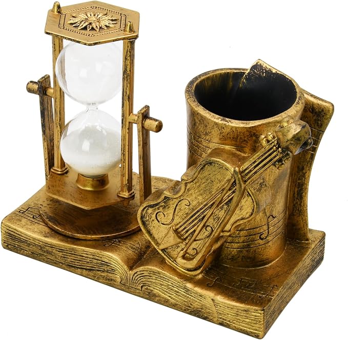 Violin-Themed Pencil Holder with Hourglass, Resin Desktop Organizer for Office & Study, Pen Holder with Sand Timer, Classic Music Addition Scissors Storage, Artistic Gift for Violin Lovers