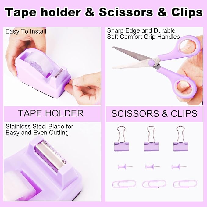 Gawsey Purple Desk Organizers and Accessories with Desk Organizer 360° Rotating Pen Holder and Office Supplies, Cute Stationery Supplies Set
