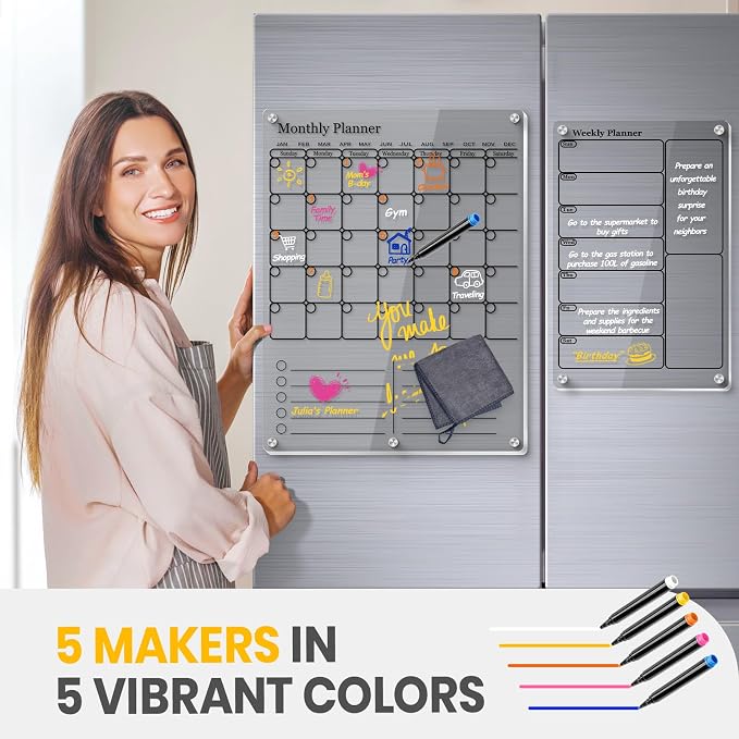 IDEATECH Calendar 2025 Planner for Fridge & Wall, Acrylic Magnetic Calendars for Refrigerator, Clear Monthly Dry Erase Board to Do List WhiteBoard, Kitchen Menu Board Meal Planner(2 Pack, Black)