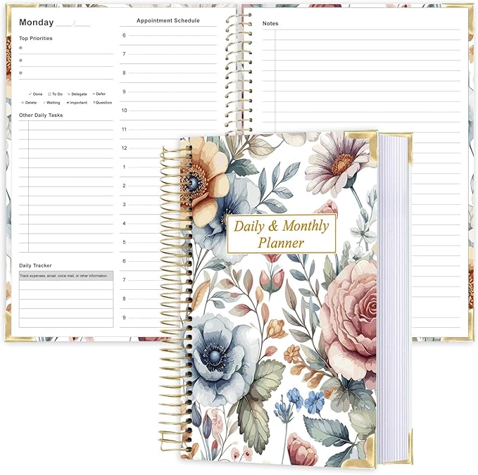 Undated Daily Monthly Planner for 2026 or Anytime - A5 To Do List with Hourly Schedule, Hardcover Spiral Bound Daily Planner to Increase Focus, Stylish School/Office Supplies, 5.8" x 8.5", Flower
