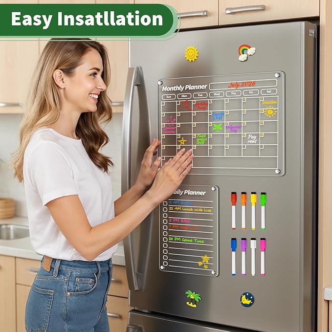 FINDMAG Acrylic Dry Erase Magnetic Calendar for Fridge, 16"x12" Magnetic Calendar for Refrigerator, Clear Monthly and Weekly Meal Planner Fridge Magnets, Chore Chart for Kids with 8 Colors Markers