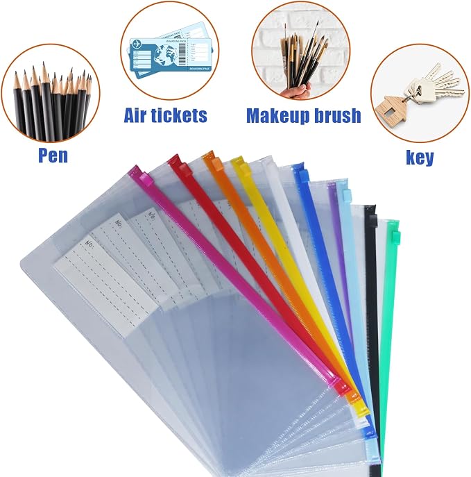 10 Pack Plastic Envelopes Pencil Pouch,Clear Pencil Bags with Zipper,10 Colors with Label Reusable Pencil Pouches for Office Supplies (A-Multicolor)