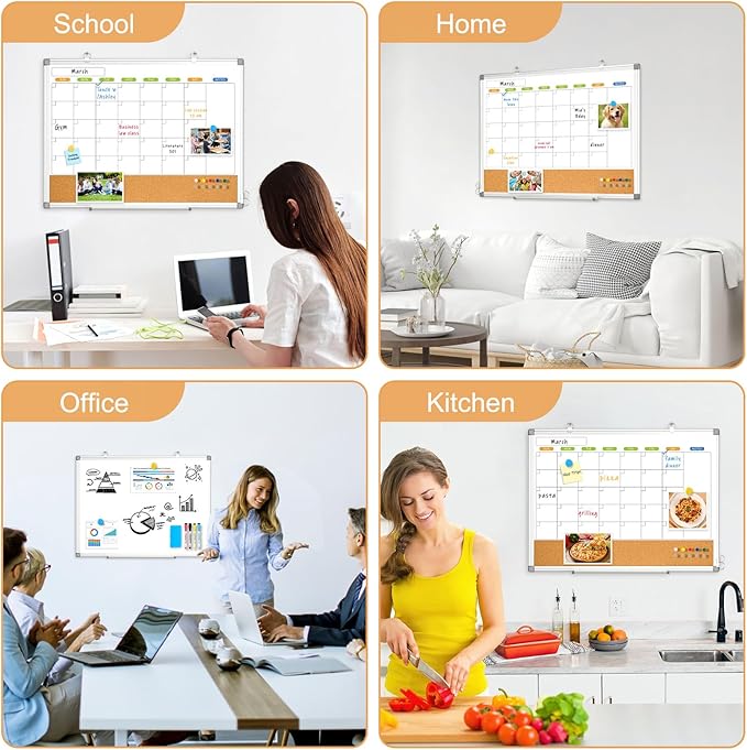 Dry Erase Calendar Whiteboard for Wall, WALGLASS 24" x 18" Double-sided Monthly Calendar White Board Cork Combo, Hanging Wall Mounted Bulletin Corkboards Silver Aluminum Frame for Home, Office, School