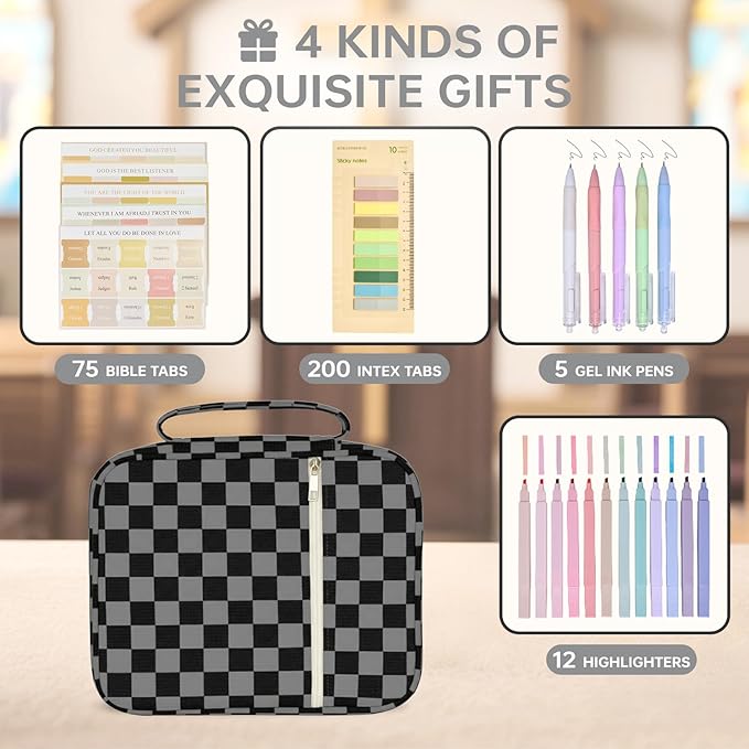Bible Cover Case for Women Corduroy Bible Case for Girls Large Bible Cover with Handle Bible Study Supplies Accessories Christian Gifts for Women (Black Grey-Checkered, Medium)