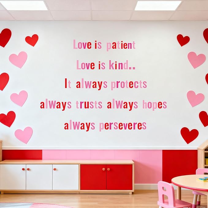 FYSUIMU 134 Pcs Valentine's Day Bulletin Board Letters Alphabet Number Symbol Paper Cutouts Pink Red Colored Decoration Letters Combo Set with 200 Pcs Glue Points for Home Classroom Party