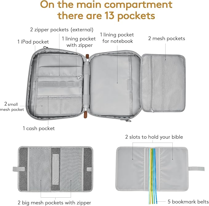 Grey Bible Cover Case with Gift Box - Crossbody Bag for Large Print Bibles, Complete Study Kit & Accessories