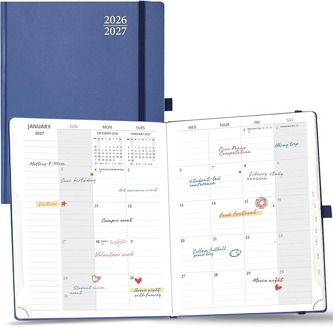 POPRUN Monthly Planner 2026-2027, Large Size-8.5" x 10.5", 18 Month Calendar Book (Jul 2026 - Dec 2027), Academic Calendar Planner with Tabs, Inner Pocket, Hard Cover, 100GSM Paper - Navy Blue