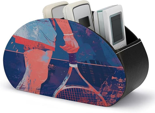 Remote Control Holder,Holding A Tennis Racket Printed PU Leather Remote Caddy Desktop Organizer with 5 Compartments for Media Accessories & Office Supplies Storage