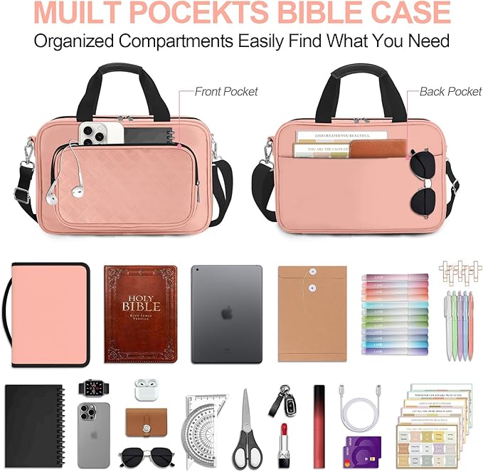 Pink Large Bible Cover Case for Women, Bible Study Supplies Bible Journaling Kit Book Carrying Case Church Bag with Shoulder Strap Handle Zipper Pocket, Christian Gifts