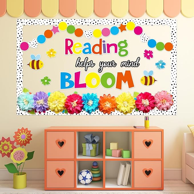 Reading Flower Bulletin Board Decorations with 3D Tissue Paper Flowers Back to School Spring Floral Reading Helps Your Mind Bloom Classroom Decor Bulletin Board Border Cutouts Set School Supplies