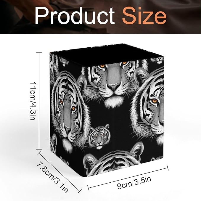 Holder Cup Makeup Brush Storage Organizer, Waterproof Multifunctional Office Supplies, Pen Holder Square Leather Pencil Animal Tiger Black