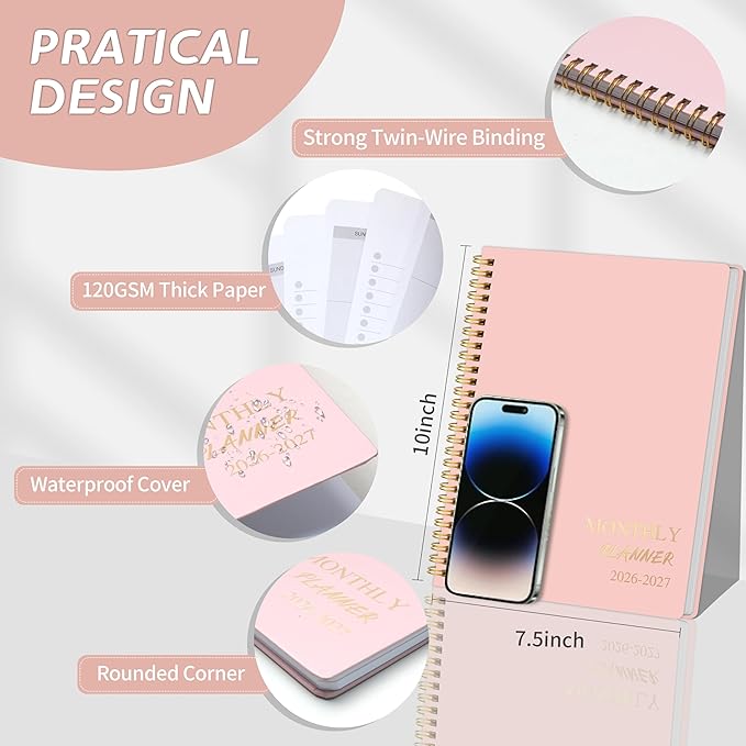 2026-2027 Monthly Planner - 2 Year Monthly Planner 2026-2027, Hard Cardboard Cover, Jan 2026 - Dec 2027, 7.5" x 10", 2 Year Calendar with 24 Month, Twin-wire Binding, Note Pages