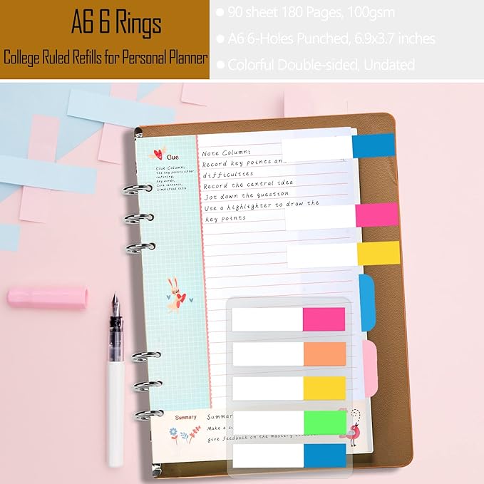 Rancco Cornell-Note Taking-System A6 Planner Refill Paper, 90 Page Colorful 5R Cornell Notes 6-Ring Binder Loose-leaf Inserts w/Zipper Pouch, Binder Divider, Ruler, Index Tab, College Ruled, 6.9x3.7"