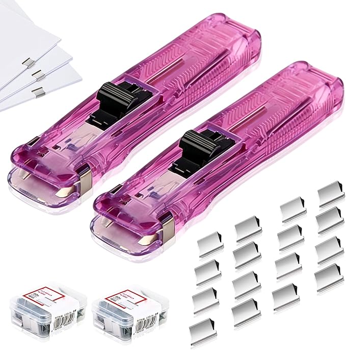 Portable Binder Clip Stapler with 100PCS Reusable Push Clips, Handheld Paper Clam Dispenser, Non-Destructive Desktop Stapler Alternative for Office School Home, Document Binding (Pink-2pcs)