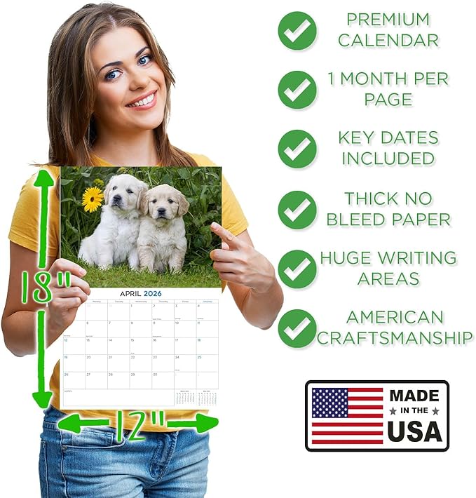 2025 2026 Golden Retriever Pups Calendar - Dog Breed Monthly Wall Calendar - 12" x 18" Open - Thick No-Bleed Paper - Giftable - Academic Teacher's Planner Calendar Organizing & Planning - Made in USA