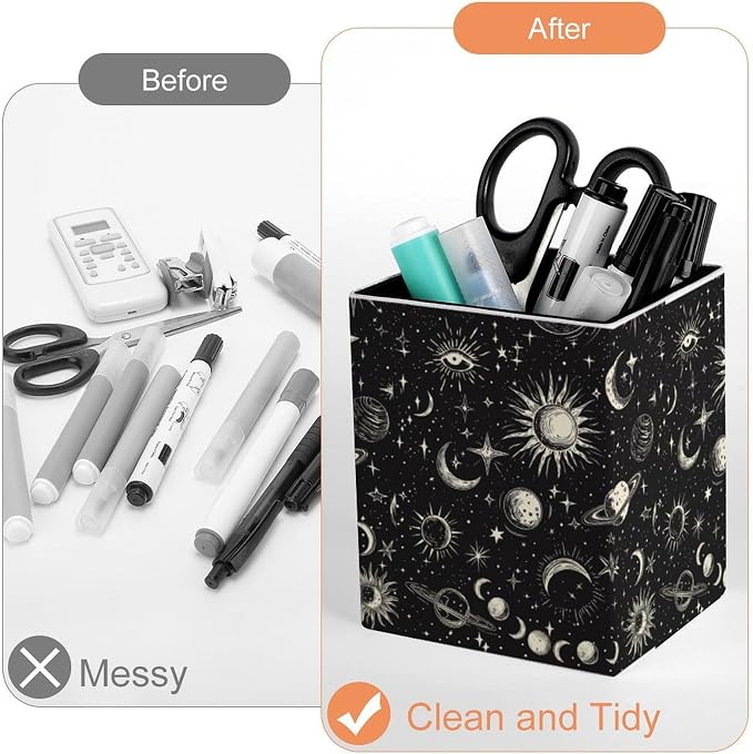 Stars Moon Sun Print Square Leather Pen Holder, Minimalist Desk Organizer for Office Home School, Pencil & Stationery Storage Box, Gift for Students Teachers Colleagues