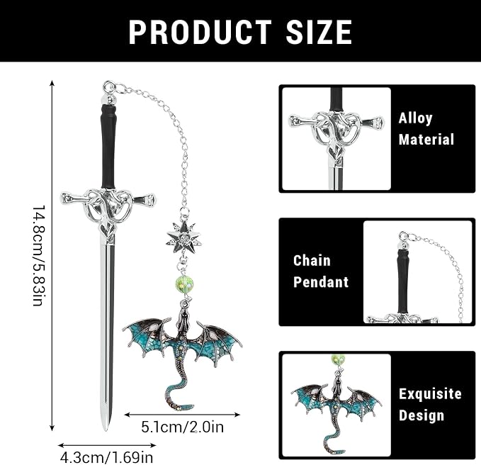 2 Pcs Fourth Wing Bookmark, Tassel Metal Pendant Dragon Sword Bookmarks for Reading Page Markers