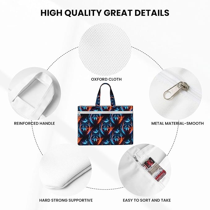 Portable Canvas Document Briefcase, Zippered File Bag with Handle for Office Meeting Travel, Fire Flame Wolf