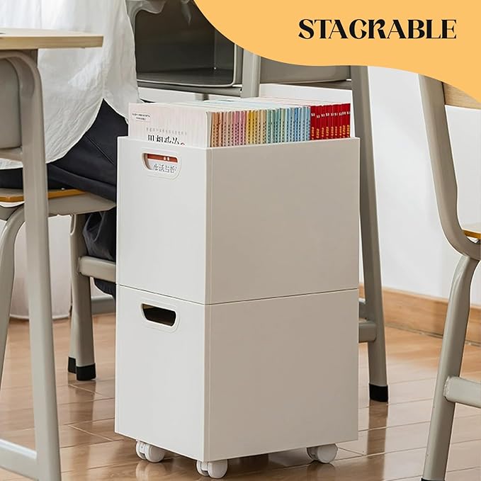 Rolling File Organizer with Wheels, Stackable Storage File Boxes, Portable Letter/Legal Size File Folder Box Book Box Document Organizer for Home Office Filing Storage Bin, White