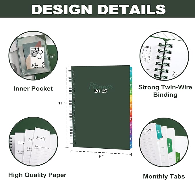 2026-2027 Planner - 2026-2027 Planner Weekly and Monthly, Jul. 2026 - Jun. 2027 11'' x 9'', Planners 26-27 with Colorful Tabs, Premium Paper, Twin-wire Binding - Classic Dark Green