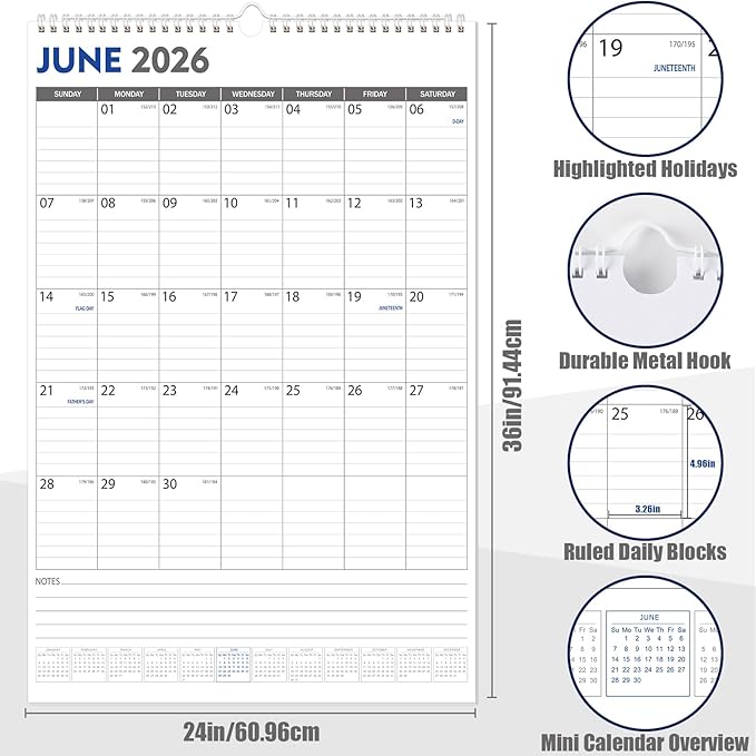 GuassLee Extra Large Wall Calendar 2026,Jumbo Vertical Wall Planner 2026-2027 from June 2026 to December 2027,19 Months with Julian Dates and Notes for Office School Home Teacher Planning,24"x 36"