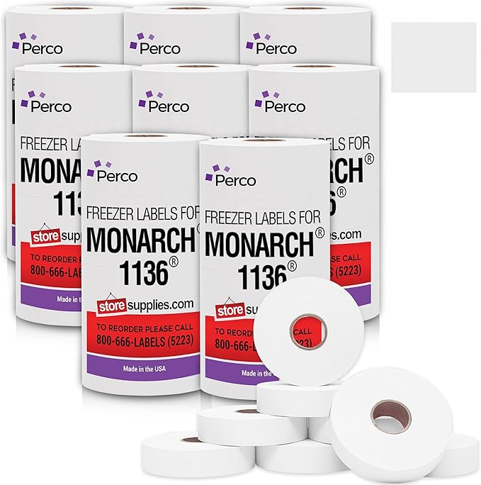 Perco Freezer Adhesives White Labels for Monarch 1136 Price Gun – Case of 8 Sleeves, 112,000 Pricemarking Labels Value Pack