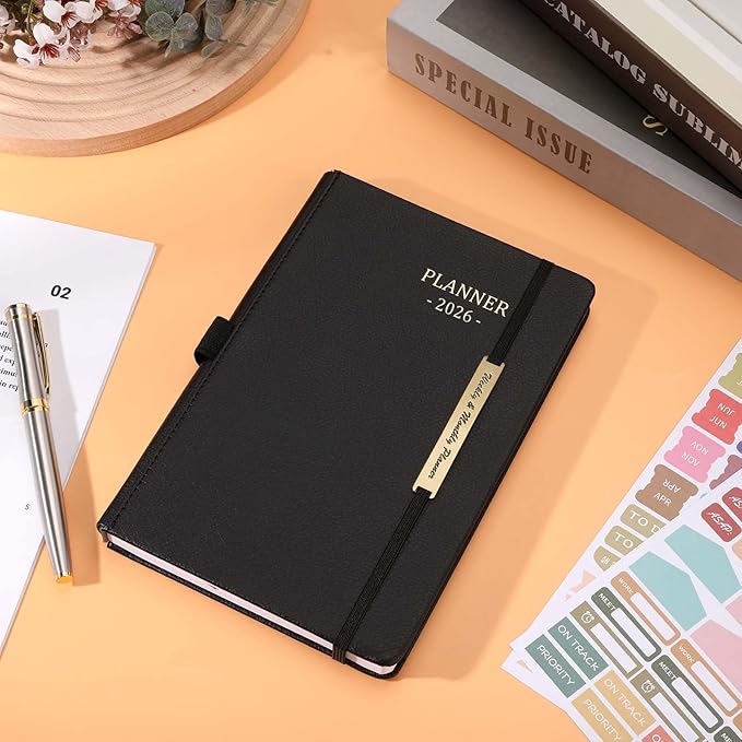 Tiankool Planner 2026, Jan 2026 - Dec 2026 Weekly Monthly Planner with Stickers, Elastic Closure, Inner Pocket, Round Corner, 5.8" x 8.25" - Black