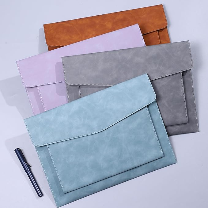 PU Leather A4 File Folder Document Holder with 2 Compartments Envelope Folder Case with Snap Closure for Receipt Contract (Black)