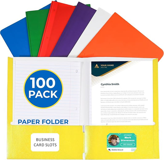 100 Pack Assorted Colors 2 Pocket Paper Folders. EPI Heavy Duty, Bulk Folders with Pockets and Business Card Slots. Letter Size Document Organizers. Durable Portfolio School, College, Office Files