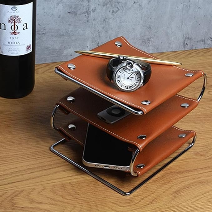 3-Tier Leather Desk Organizer, Classic/Elegant Brown Leather Desk Caddy for Office Supplies, Desktop Cosmetic Tray Organizer Storage Box
