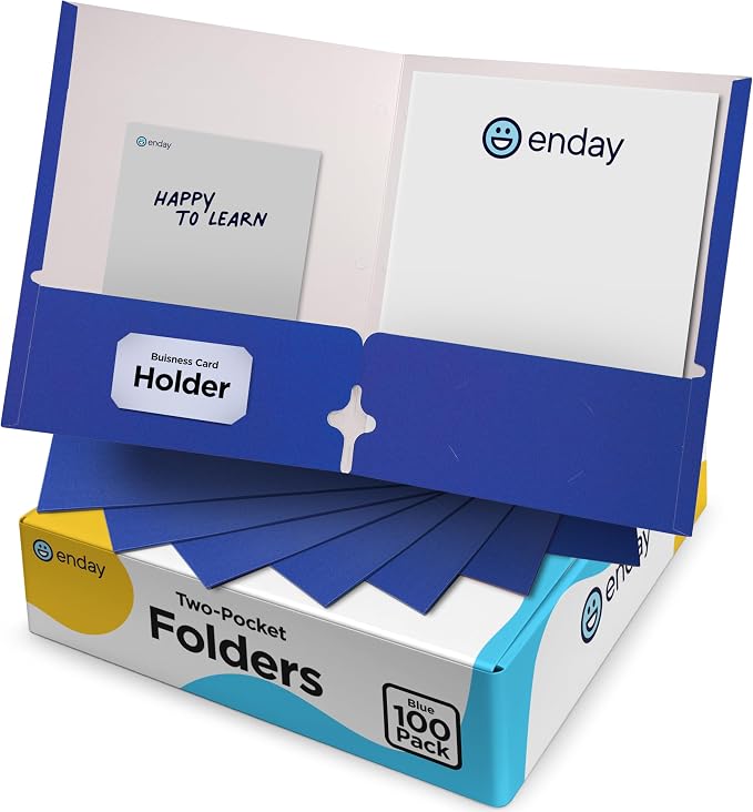 Blue Folders with Pockets 2 Pocket Folder Bulk, Two Pockets File for Letter Size Sheets, Bulk Paper Also Available in Blue, 100 Pack - By Enday